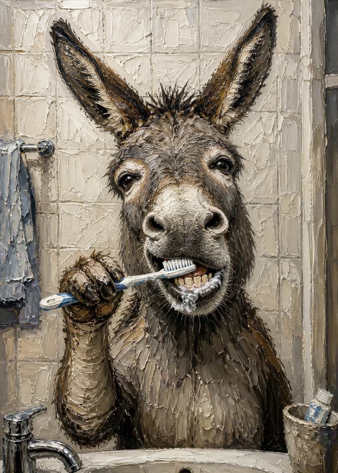 Donkey Brushing Teeth in Bathroom
