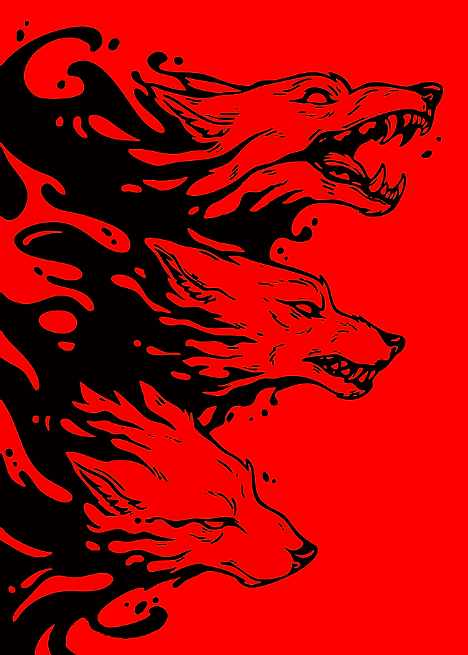 Three Black Wolves on Red Background