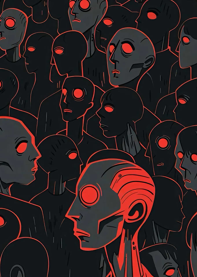 Crowd of Figures with Red Eyes