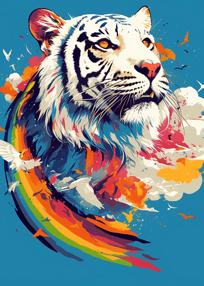 White Tiger with Rainbow and Birds