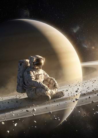 Astronaut sitting on Saturn's rings