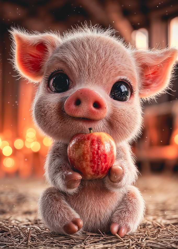 Cute Baby Pig Holding Apple