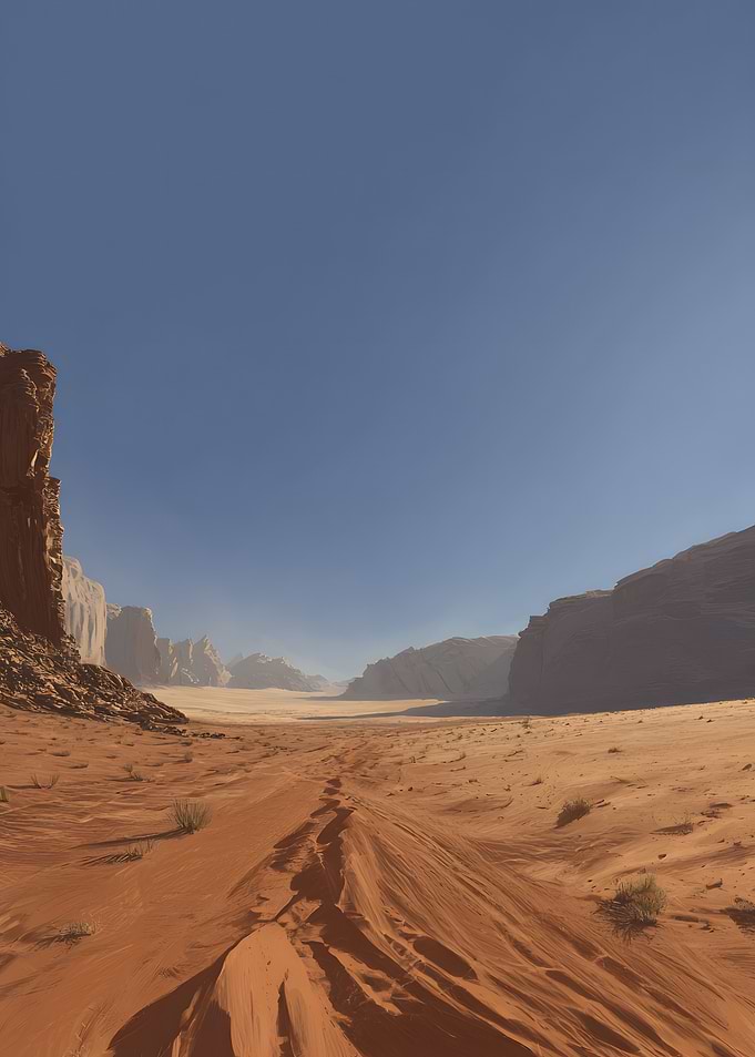 Desert Landscape with Sand Dunes and Mountains