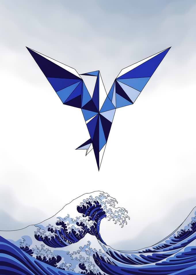 Origami Blue Polygon Bird Soaring Above Stylized Ocean Waves