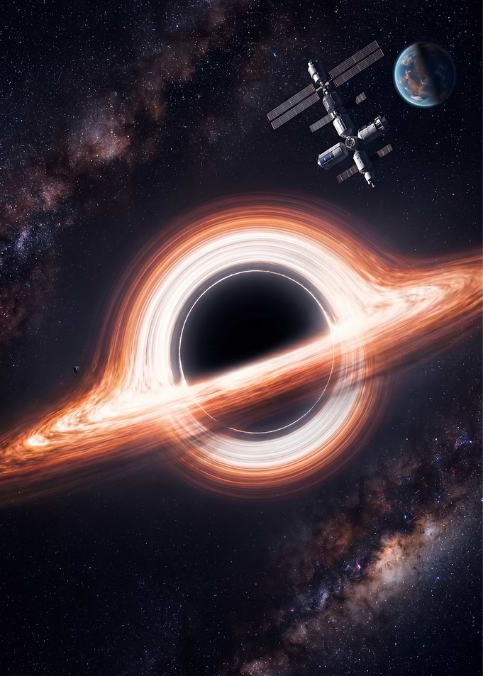 Black Hole with Space Station and Planet