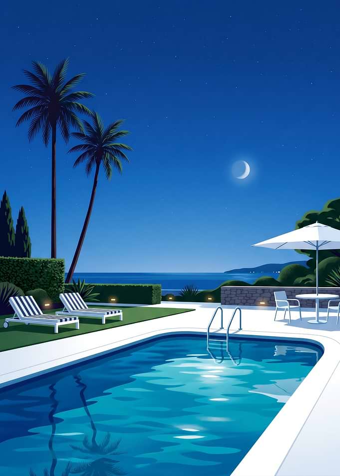 Nighttime Poolside Oasis by the Sea