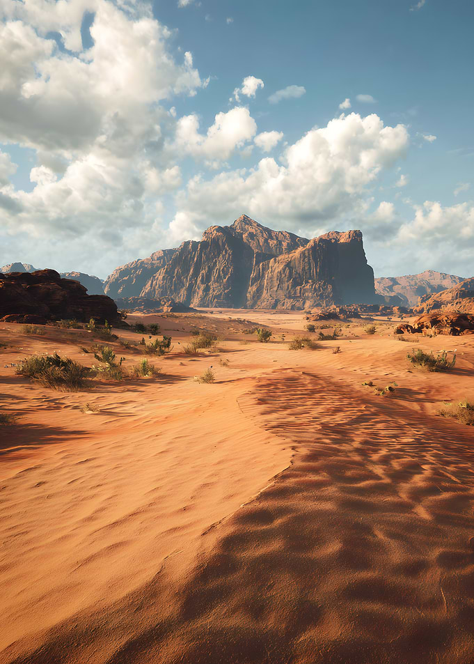 Desert Landscape with Mountains and Dunes