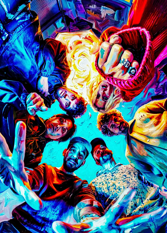 Group of friends looking down