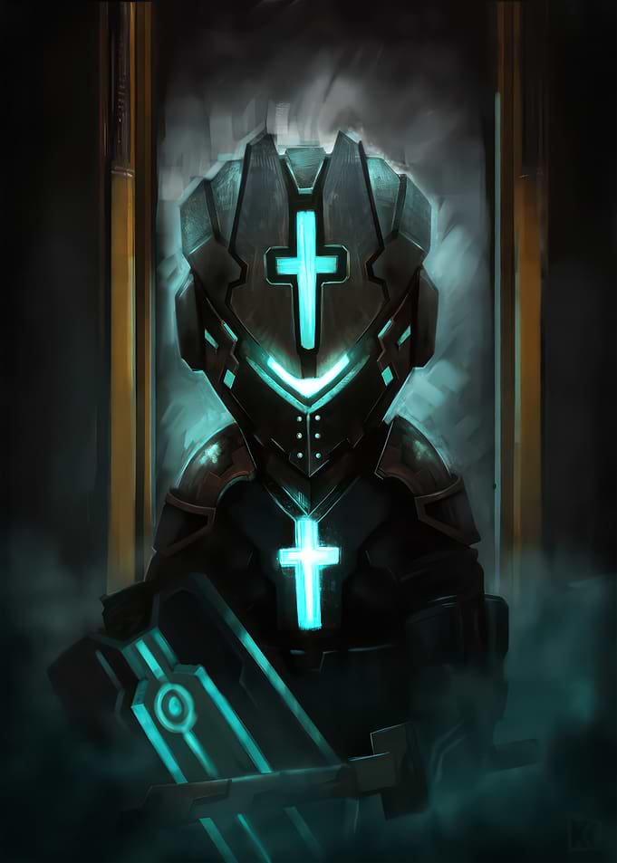 Futuristic Knight with Glowing Cross dead space