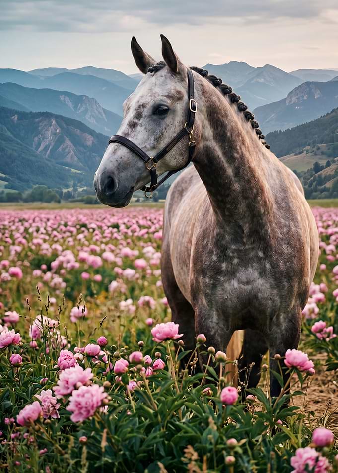 Horse in a field of pink peonies