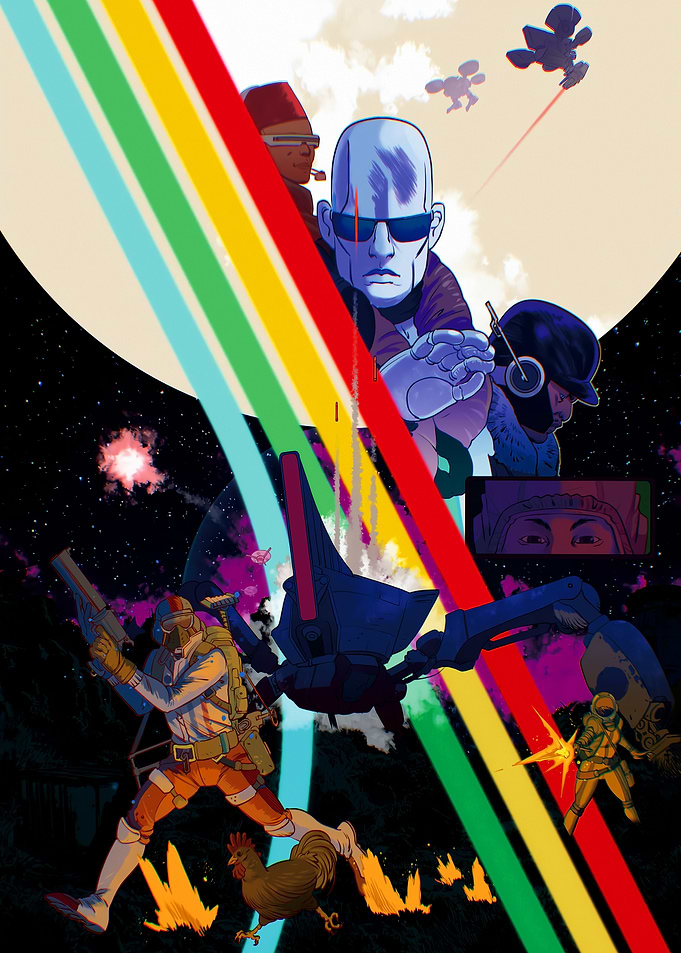 Sci-fi characters in space with rainbow