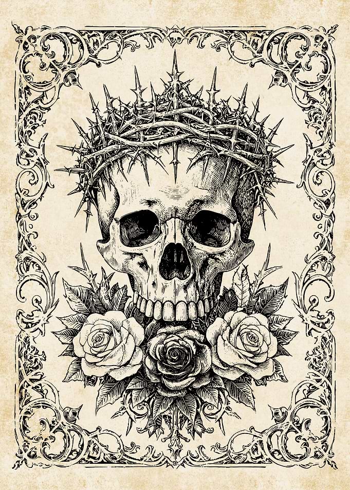 Skull with Crown of Thorns and Roses