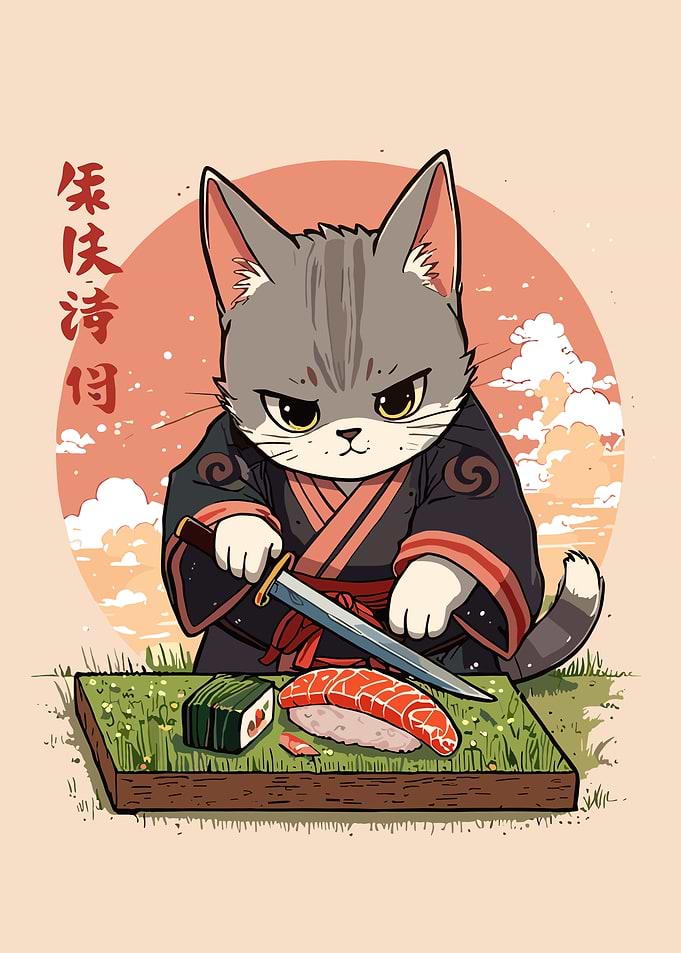 Samurai Cat Preparing Sushi