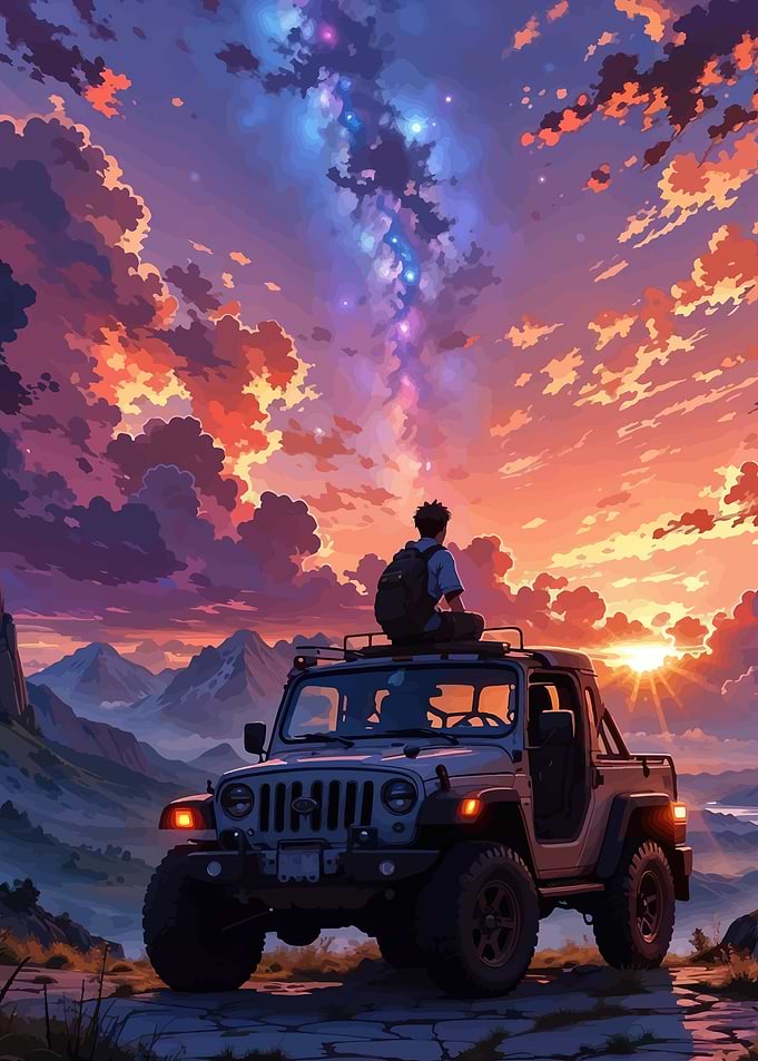 Man on Jeep watches starry sunset