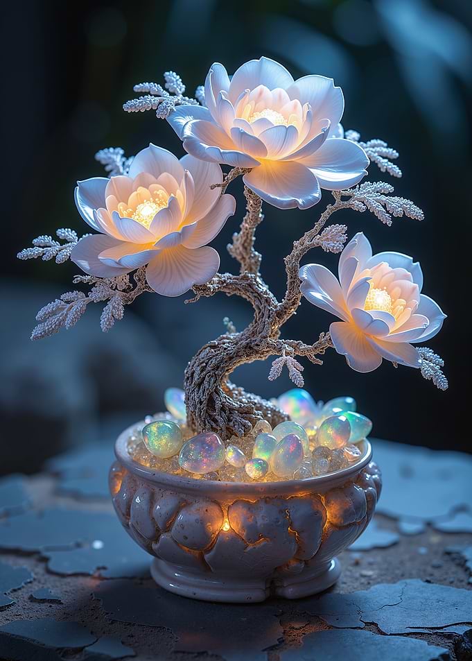 Illuminated Bonsai with Glowing Flowers