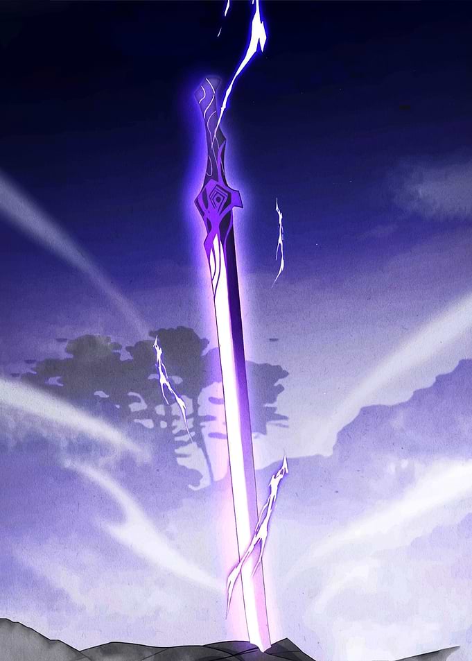 Glowing Purple Sword in Dark Landscape