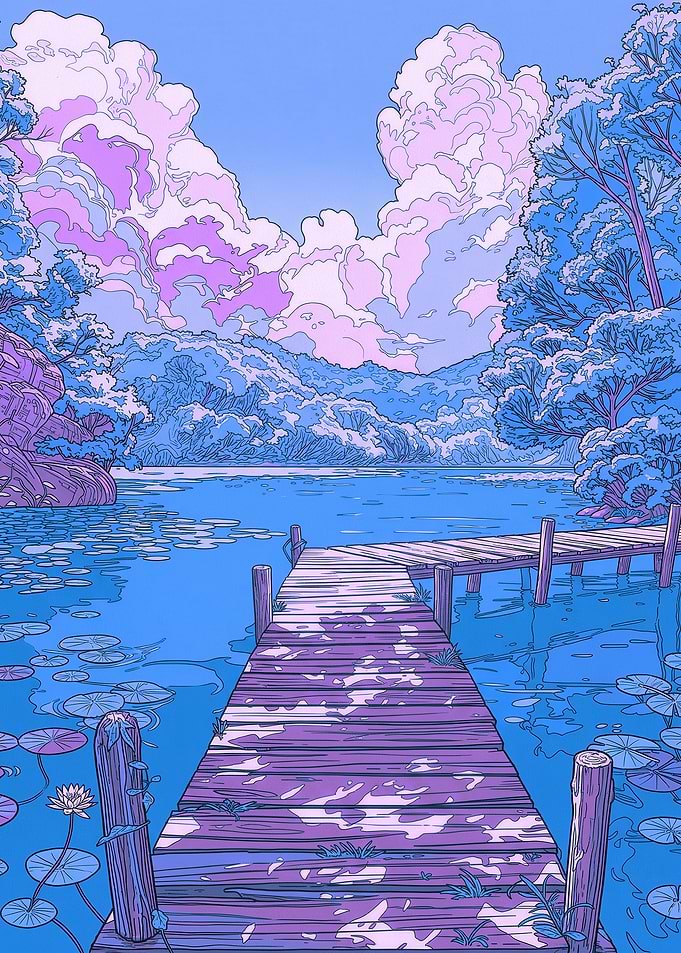 Tranquil lake dock with pastel clouds