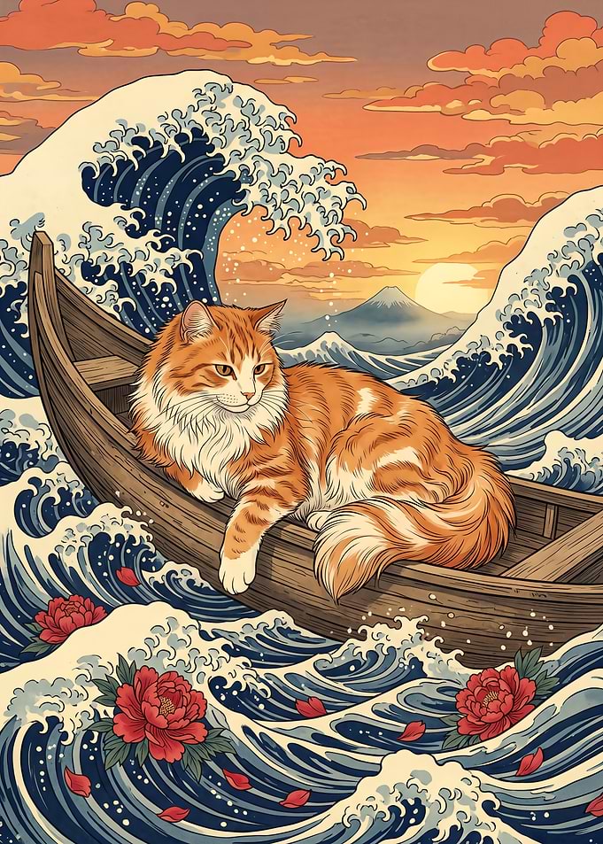 Cat in a Boat Amidst Waves