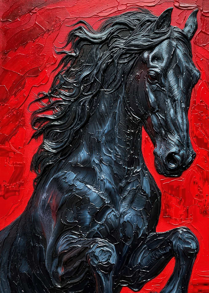 Textured Black Horse on Red Background