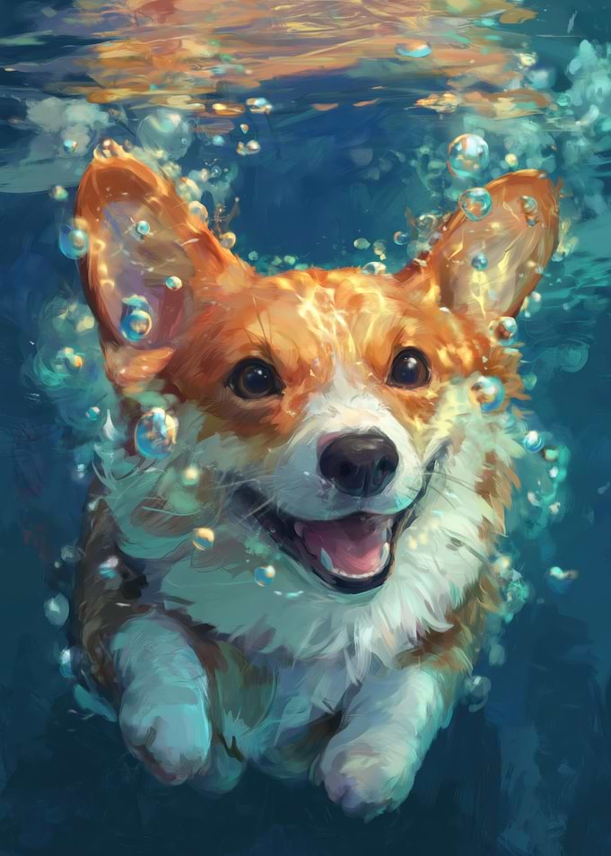 Happy Corgi Swimming Underwater