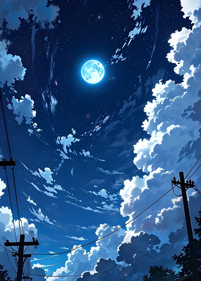 Anime Night Sky with Moon and Clouds