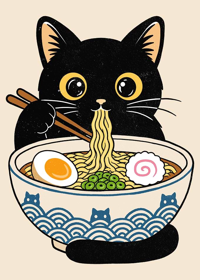 Cute Black Cat Eating Ramen