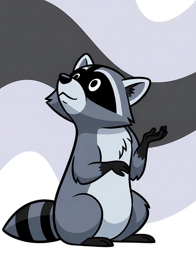 Cartoon Raccoon Shrugging with Abstract Grey Purple Background studio