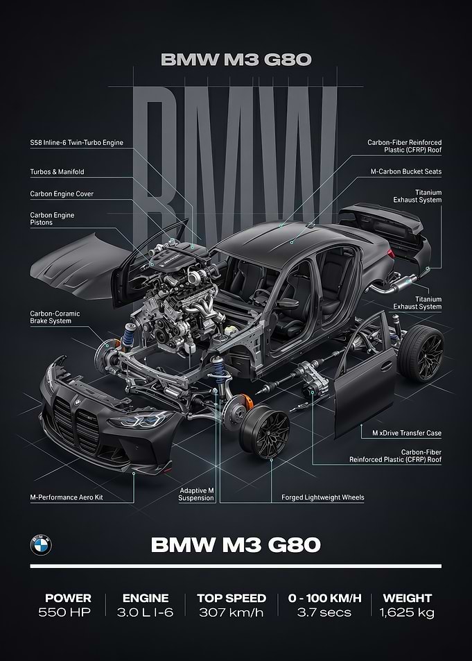 detailed technical illustration BMW M3 G80 Exploded parts