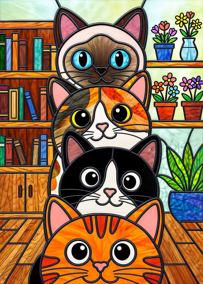 Stacked Cats in a Library