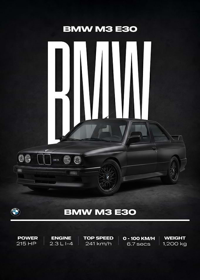 matte black BMW M3 E30 car poster