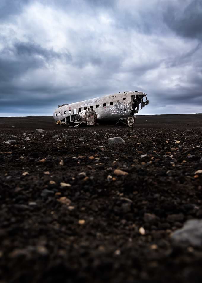 Wrecked Airplane on a Black Sand Beach