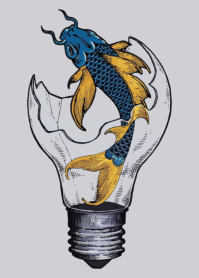 Koi Fish Lightbulb Poster, Surreal Japanese Fish Art, Creative Wall Decor Print