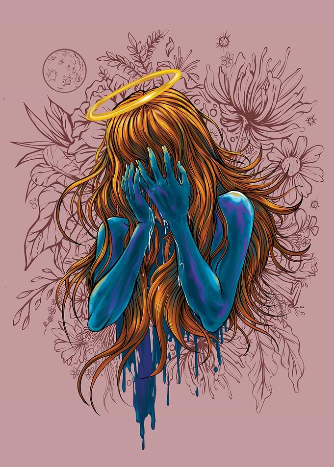 Crying Angel with Flowers