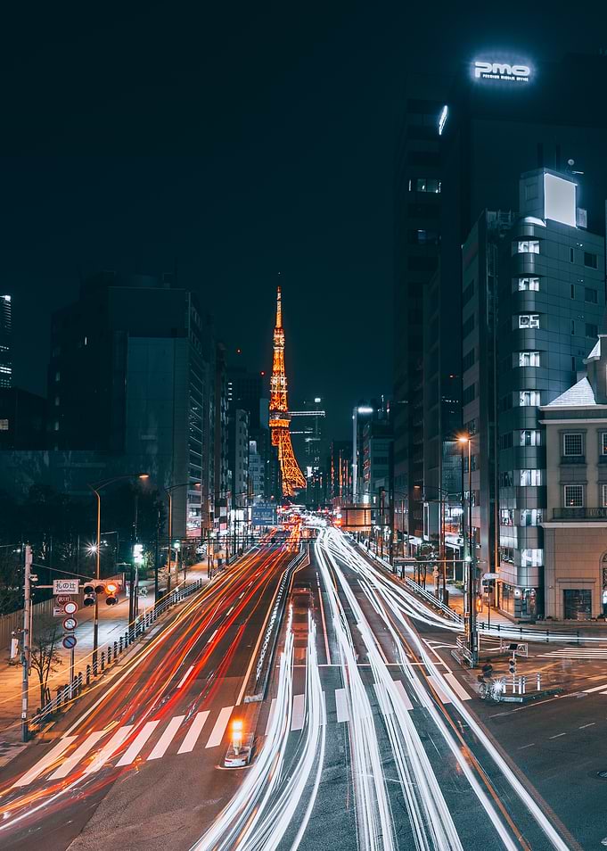 Tokyo Tower at Night with Light Trails