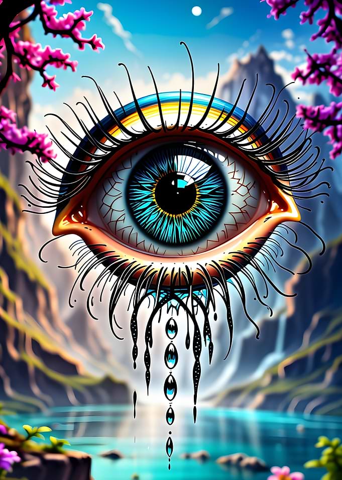Surreal Eye Landscape with Cherry Blossoms