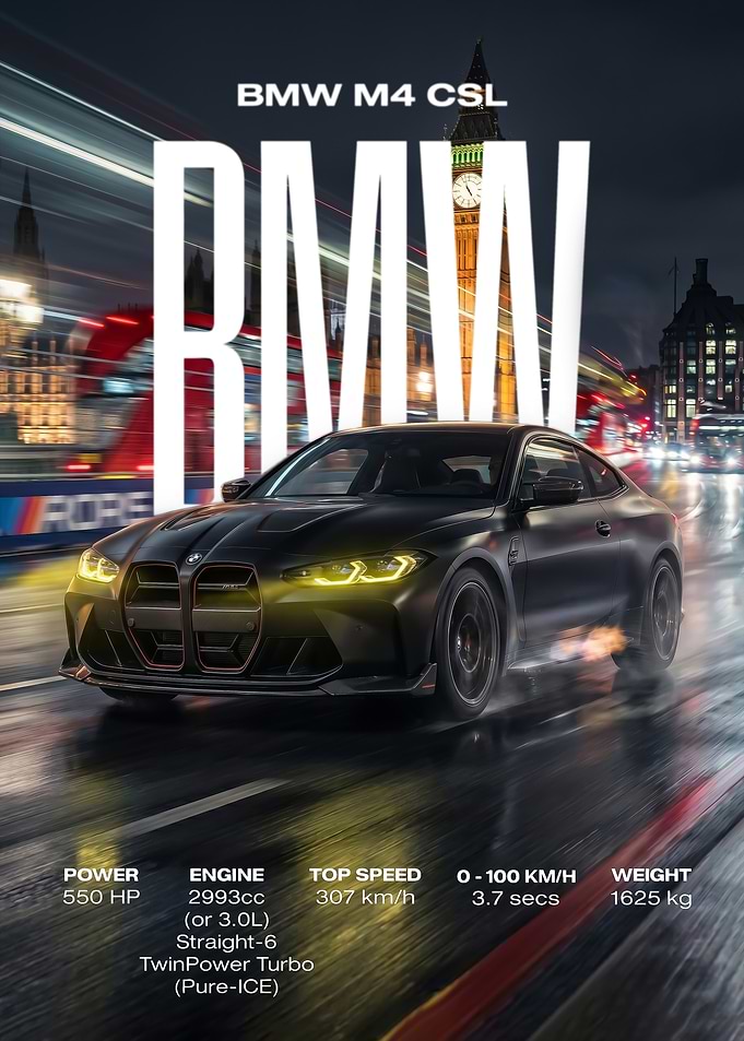 fast matte black BMW M4 CSL in London poster
