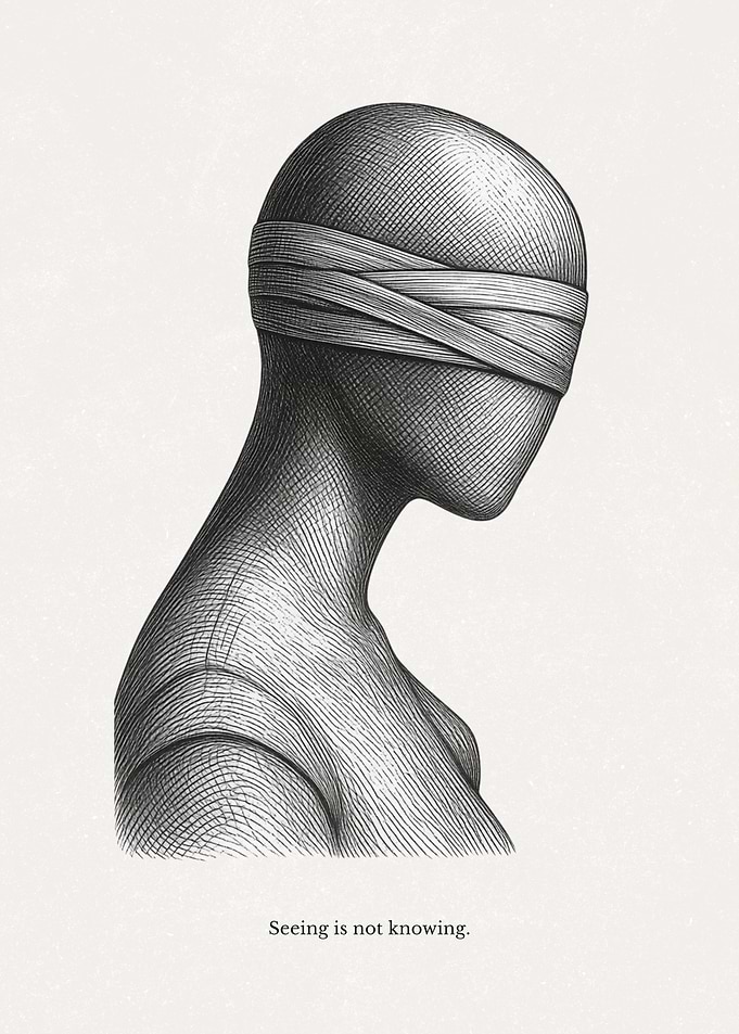 Blindfolded Figure with Text