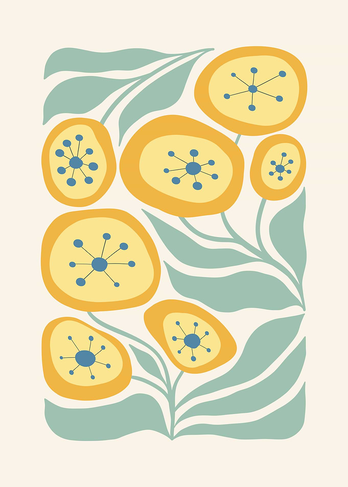 Abstract Yellow Flowers with Blue Centers