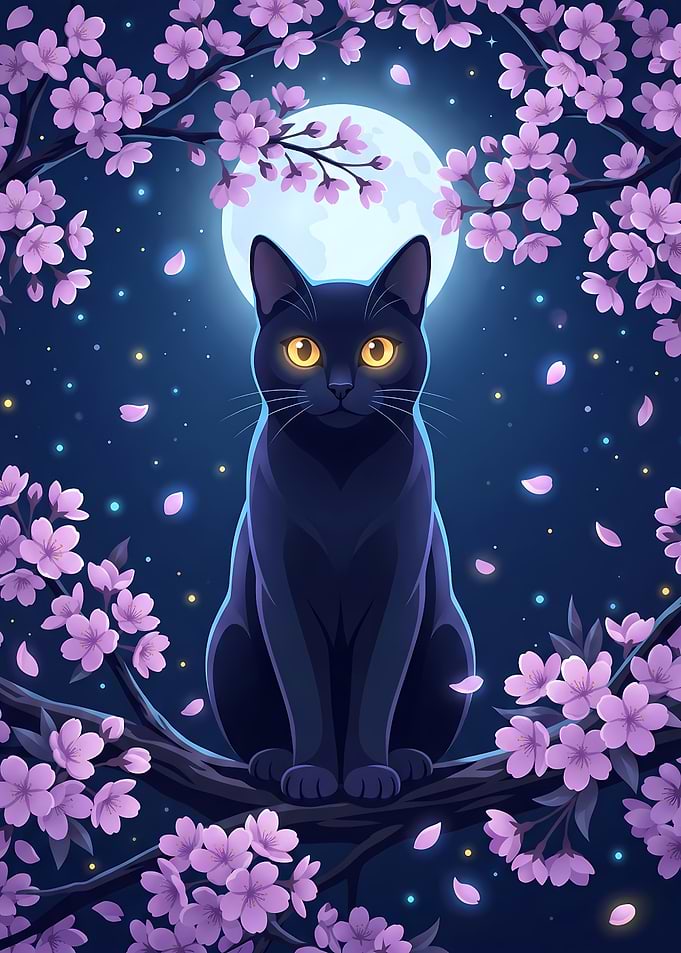 Black Cat Under Moonlight Sakura Bloom