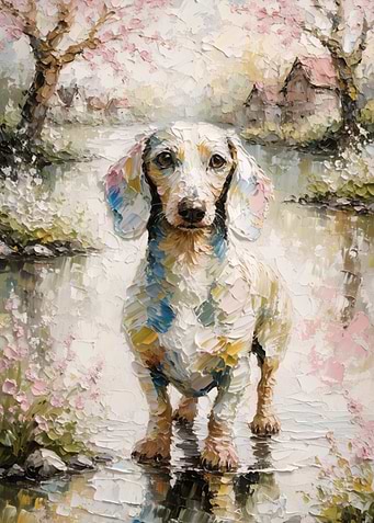Dachshund in a Spring Landscape Painting