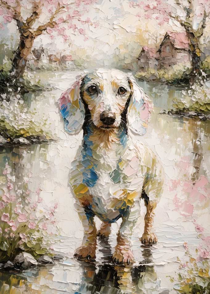 Dachshund in a Spring Landscape Painting