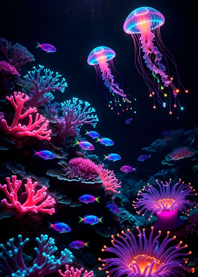 Neon Jellyfish and Coral Reef