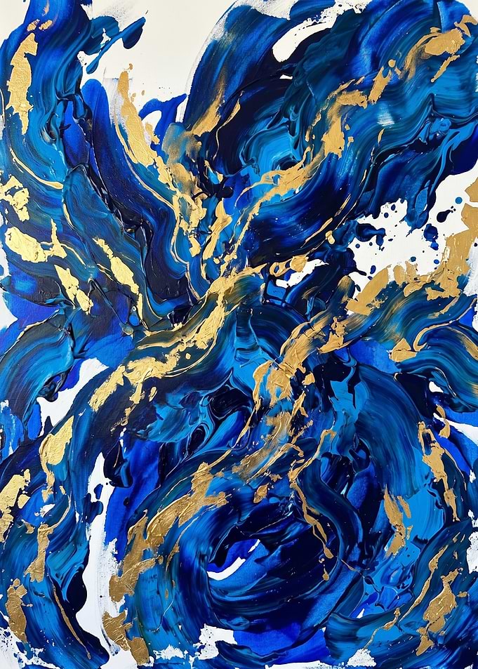 Cobalt Blue & Gold Abstract Wall Art | Bold Navy Brushstrok