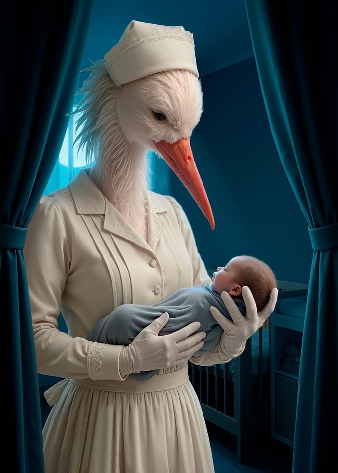 Stork Nurse Holding a Baby