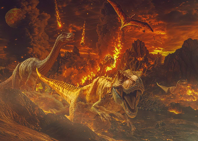 Dinosaurs in a fiery apocalypse