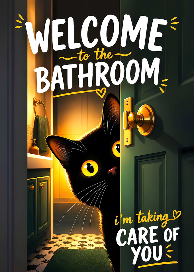 Black Cat Welcomes You to the Bathroom