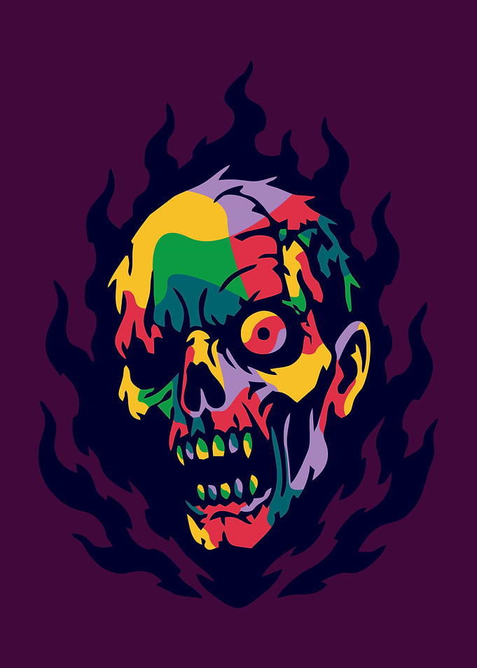Colorful Zombie Skull with Flames