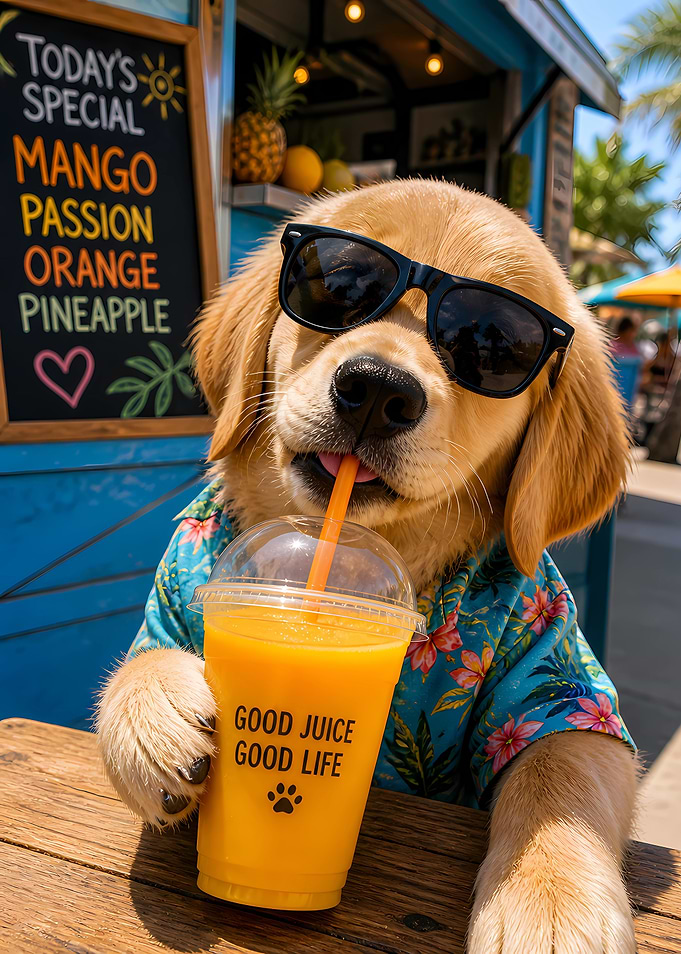 Golden Retriever puppy drinking a smoothie