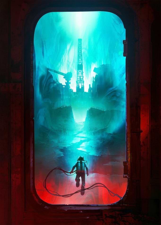 Astronaut exploring alien industrial landscape