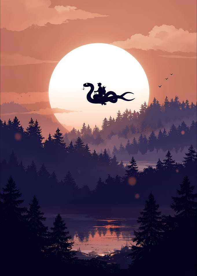 Silhouette of a boy riding a dragon in front of the sun